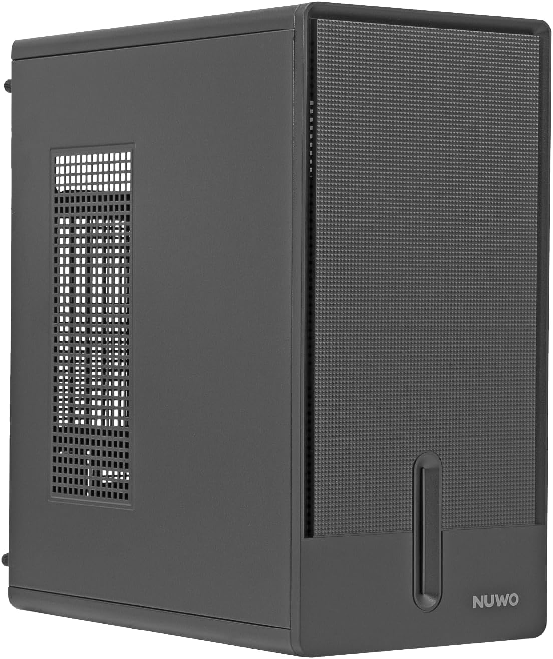Tower del computer grigio scuro con fessure di ventilazione e accento verticale.