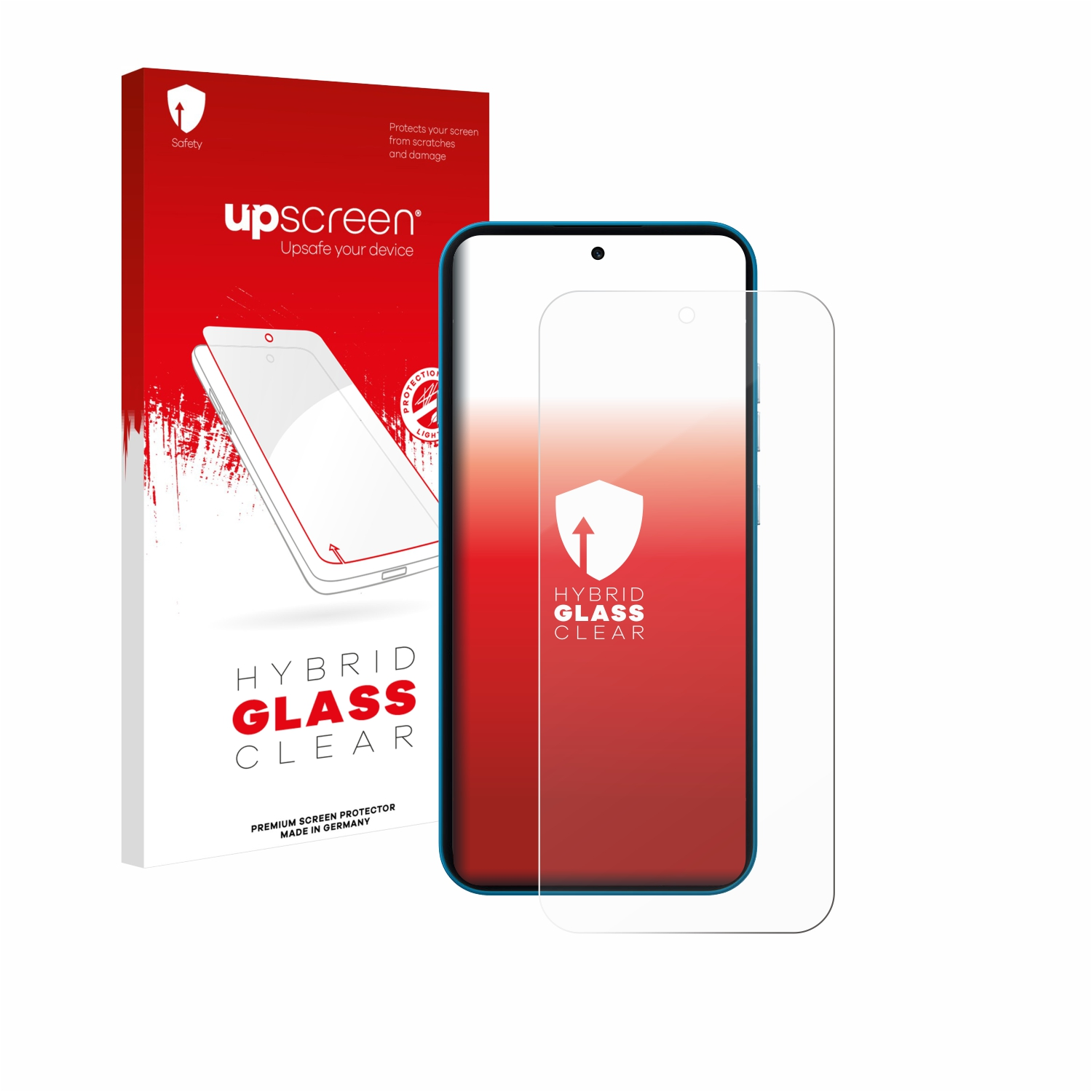 Eine rote Verpackung mit dem Logo von Upscreen und einem Smartphone-Bildschirm daneben.