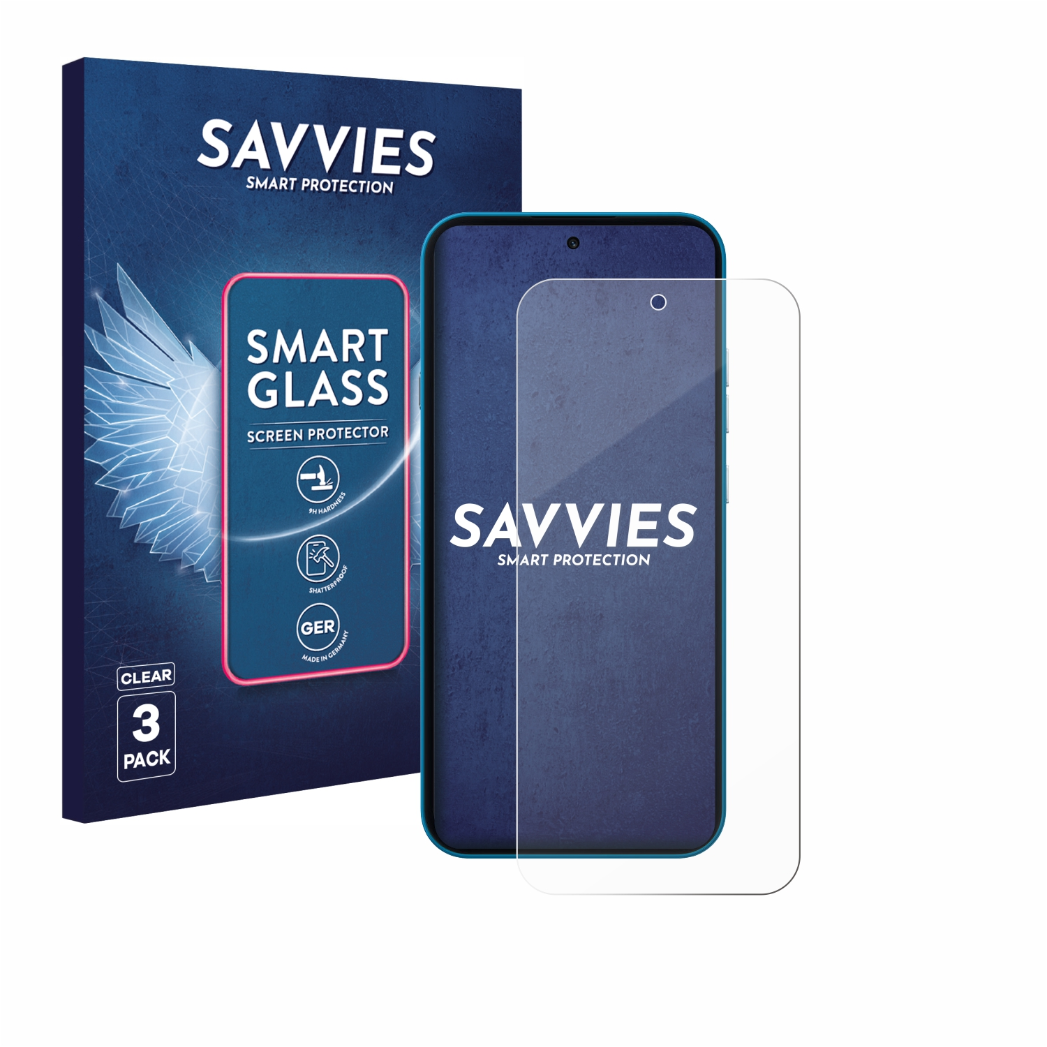 Savvies Smart Glass Displayschutzfolie 3er-Pack-Verpackung und ein Telefon mit Schutz.