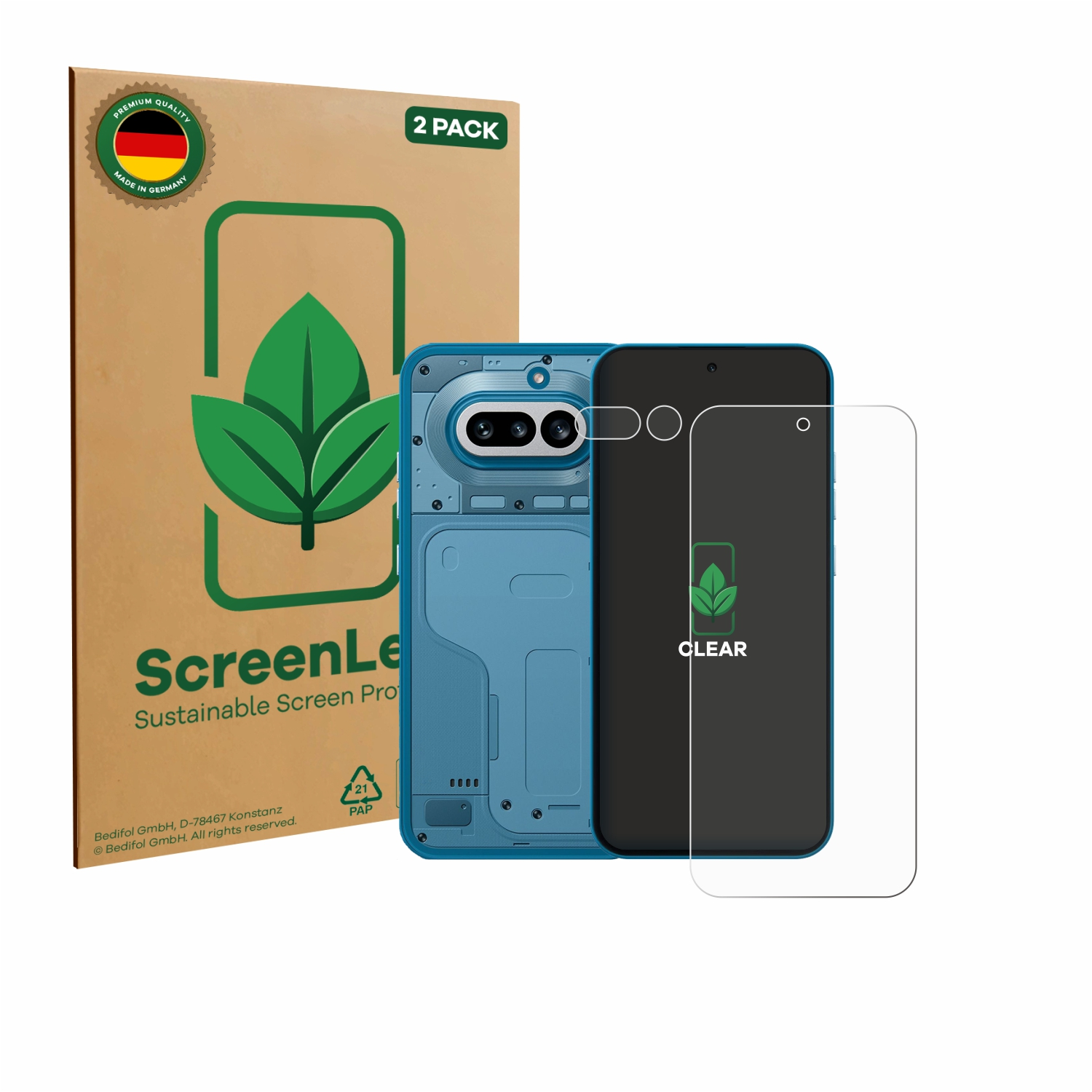 Ein blauer Handy-Schutz und eine Verpackung mit Blattmotiv.