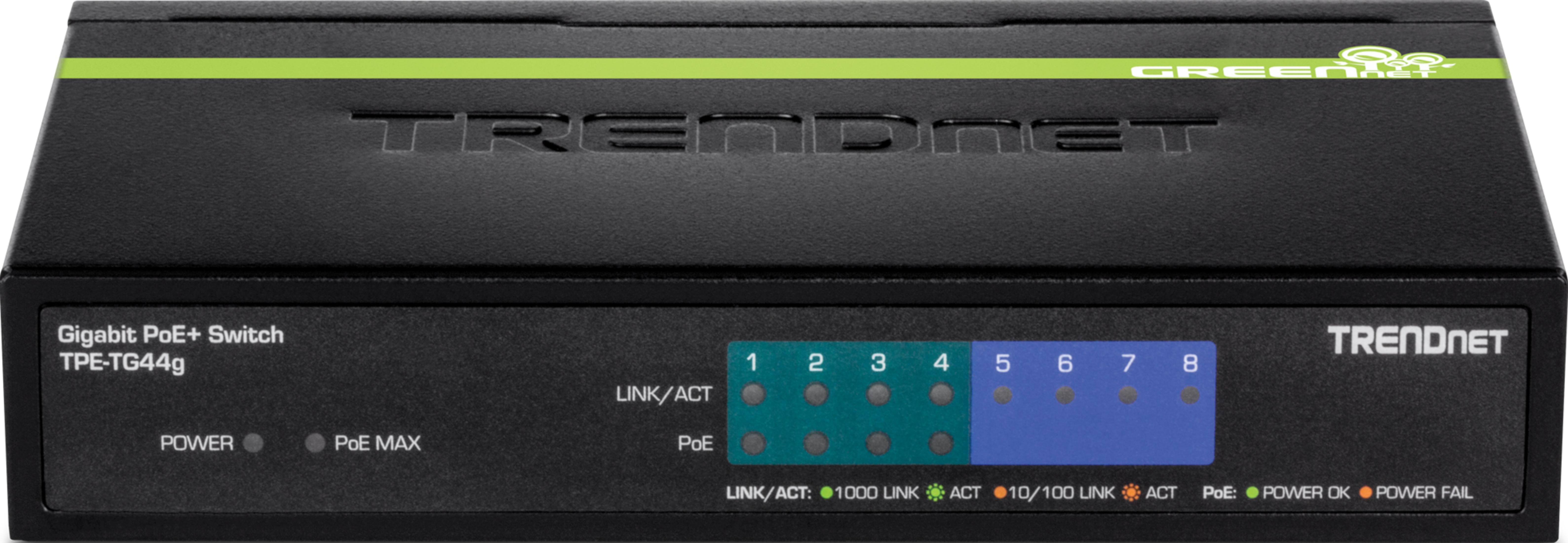 Schwarzer Gigabit PoE+ Switch TPE-TG44g von Trendnet mit Status-LEDs.