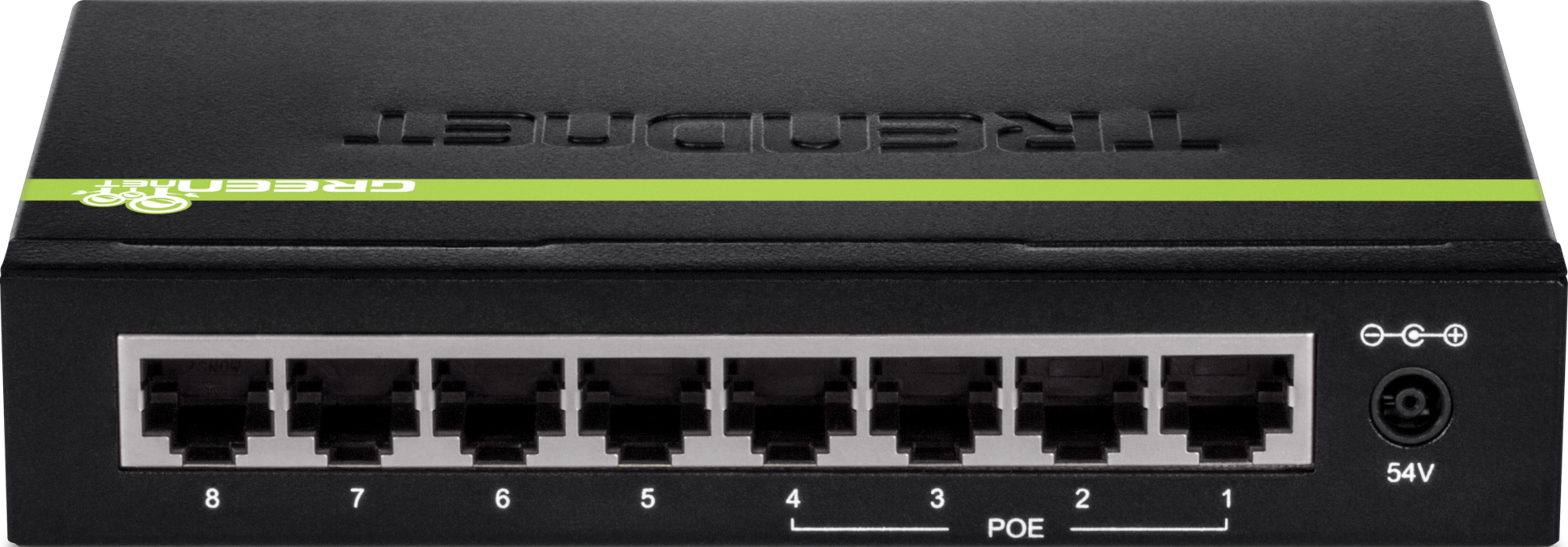 Schwarzer Netzwerk-Switch mit 8 Ports, POE und 54V-Stromanschluss.