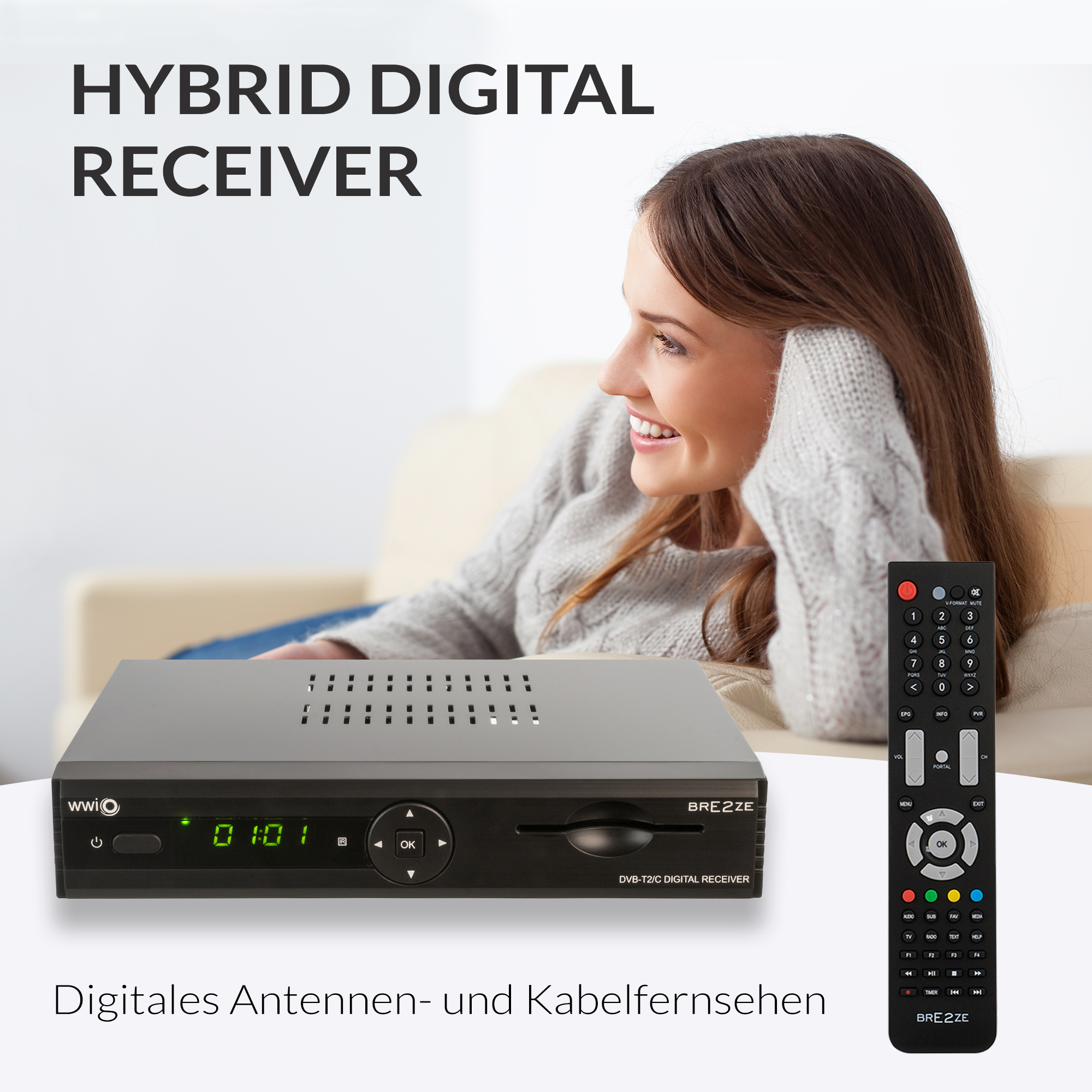 Ein Hybrid-Digitalreceiver mit Fernbedienung und einer lächelnden Frau im Hintergrund.