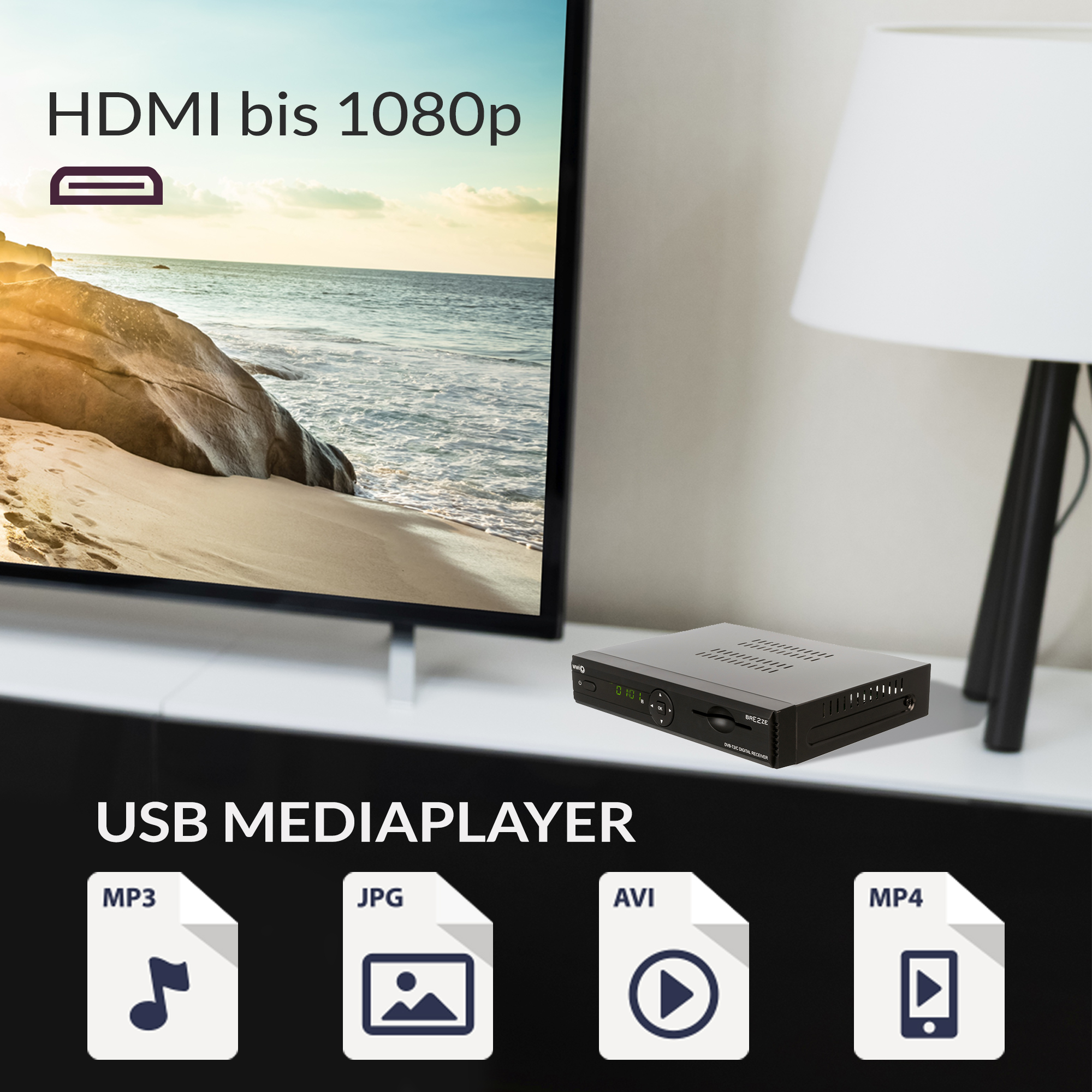 Ein digitaler Receiver mit HDMI-Anschluss steht neben einem Fernseher.