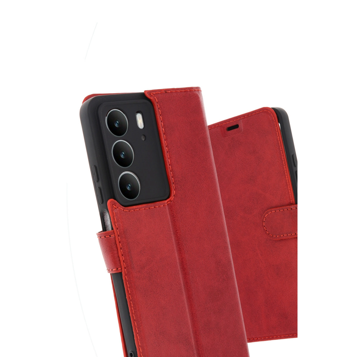 Üç kamera lensli ve flaşlı kırmızı cep telefonu kılıfı.