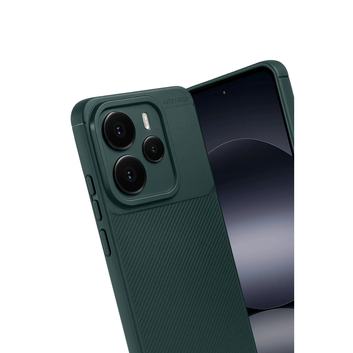 Üç kameralı, dokulu desenli koyu yeşil telefon kılıfı.
