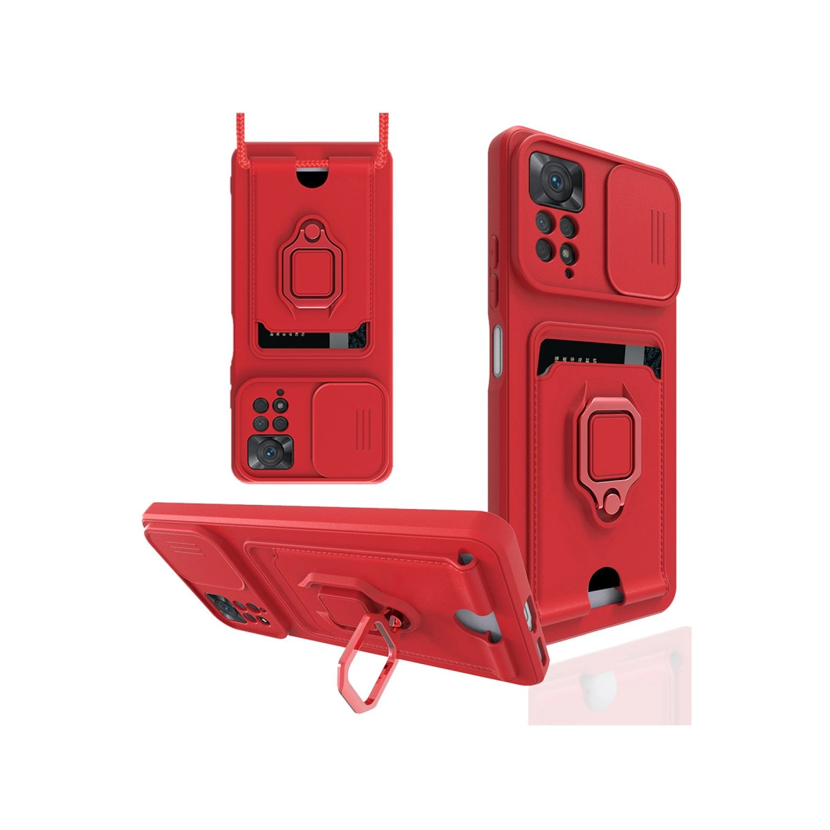 Kamera korumalı, kartlıklı ve halka stantlı üç kırmızı telefon kılıfı.