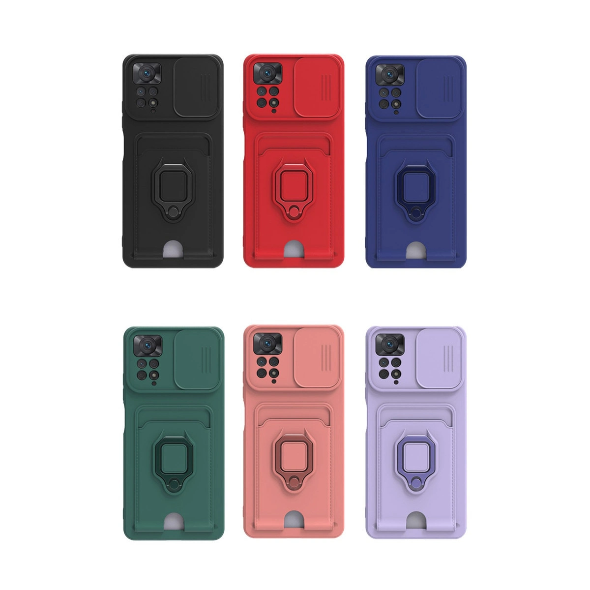Siyah, kırmızı, mavi, yeşil, pembe ve mor renklerde kamera kapaklı altı telefon kılıfı.