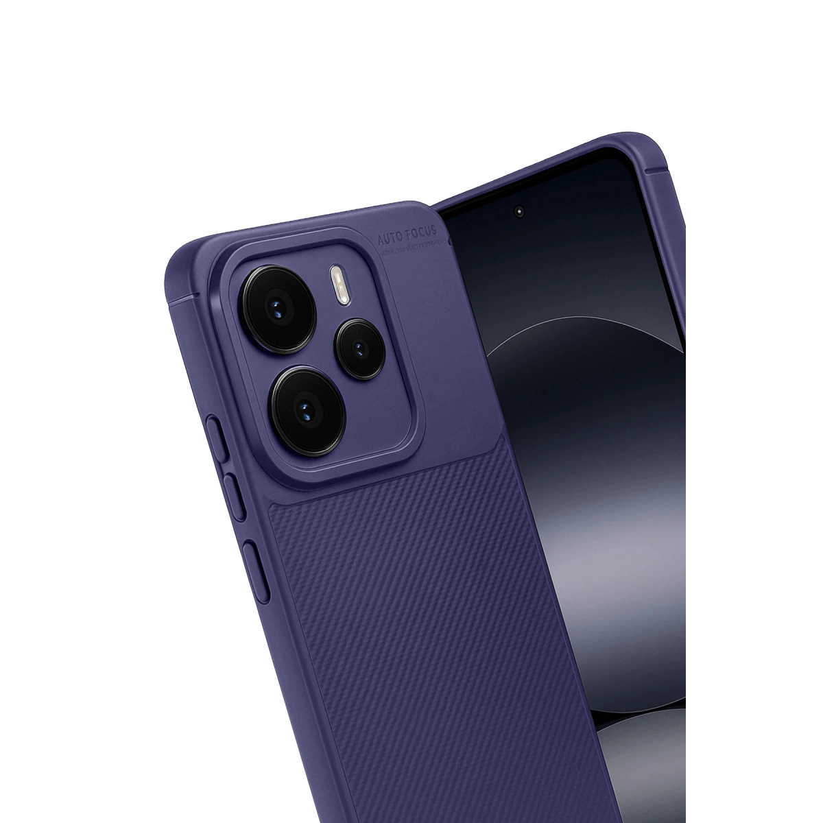 Üç kamera lensli ve nervürlü desenli koyu mor telefon kılıfı.