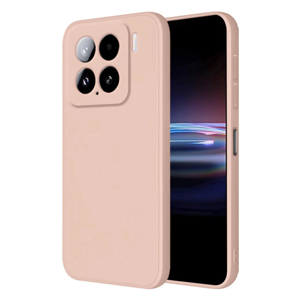 Dört kameralı ve flaşlı açık pembe akıllı telefon kılıfı.