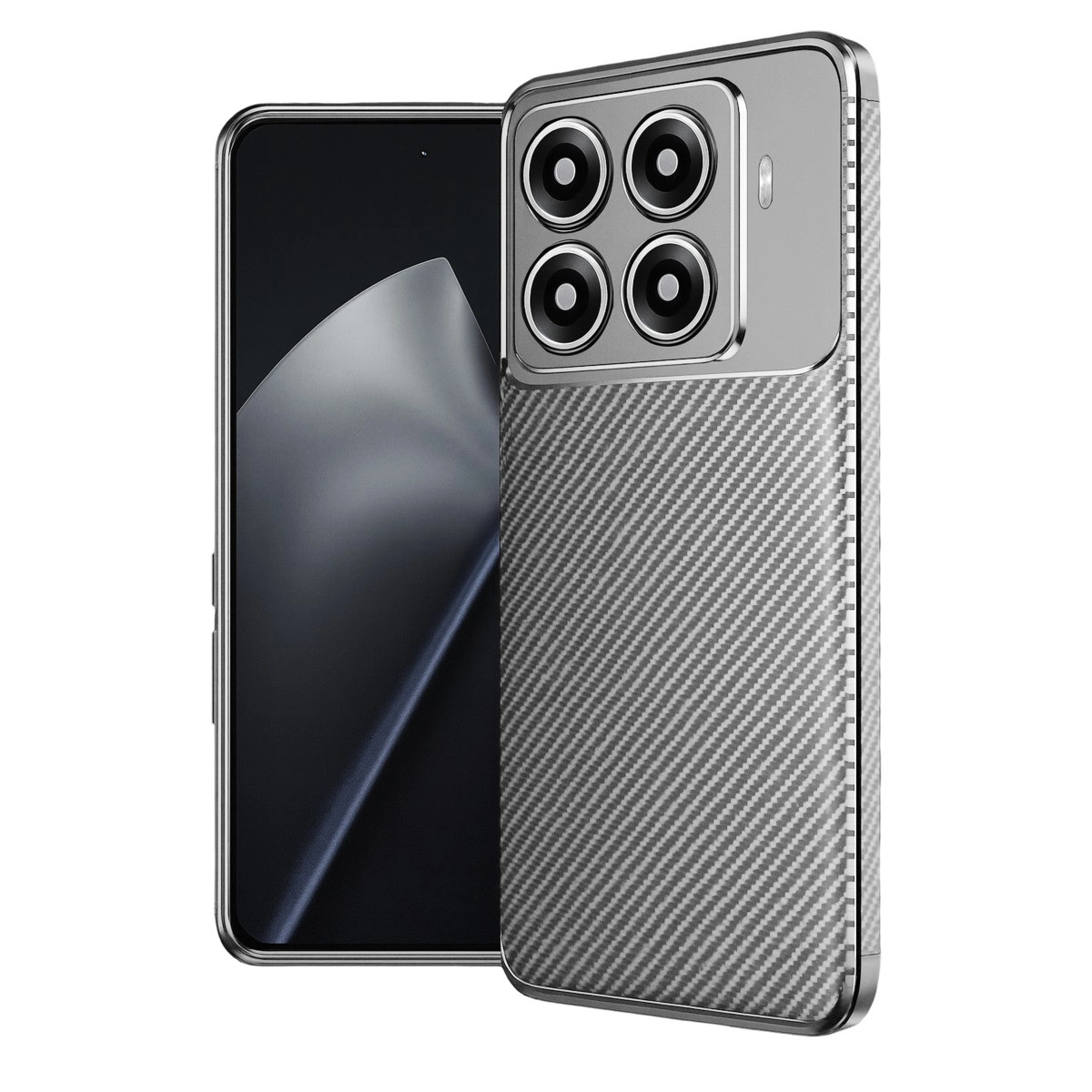 Dört kameralı ve karbon dokulu kasalı bir akıllı telefon.