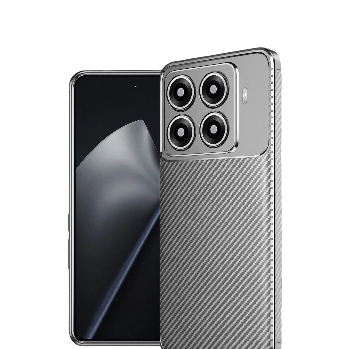Karbon desenli kılıflı, arkasında dört kamerası olan akıllı telefon.