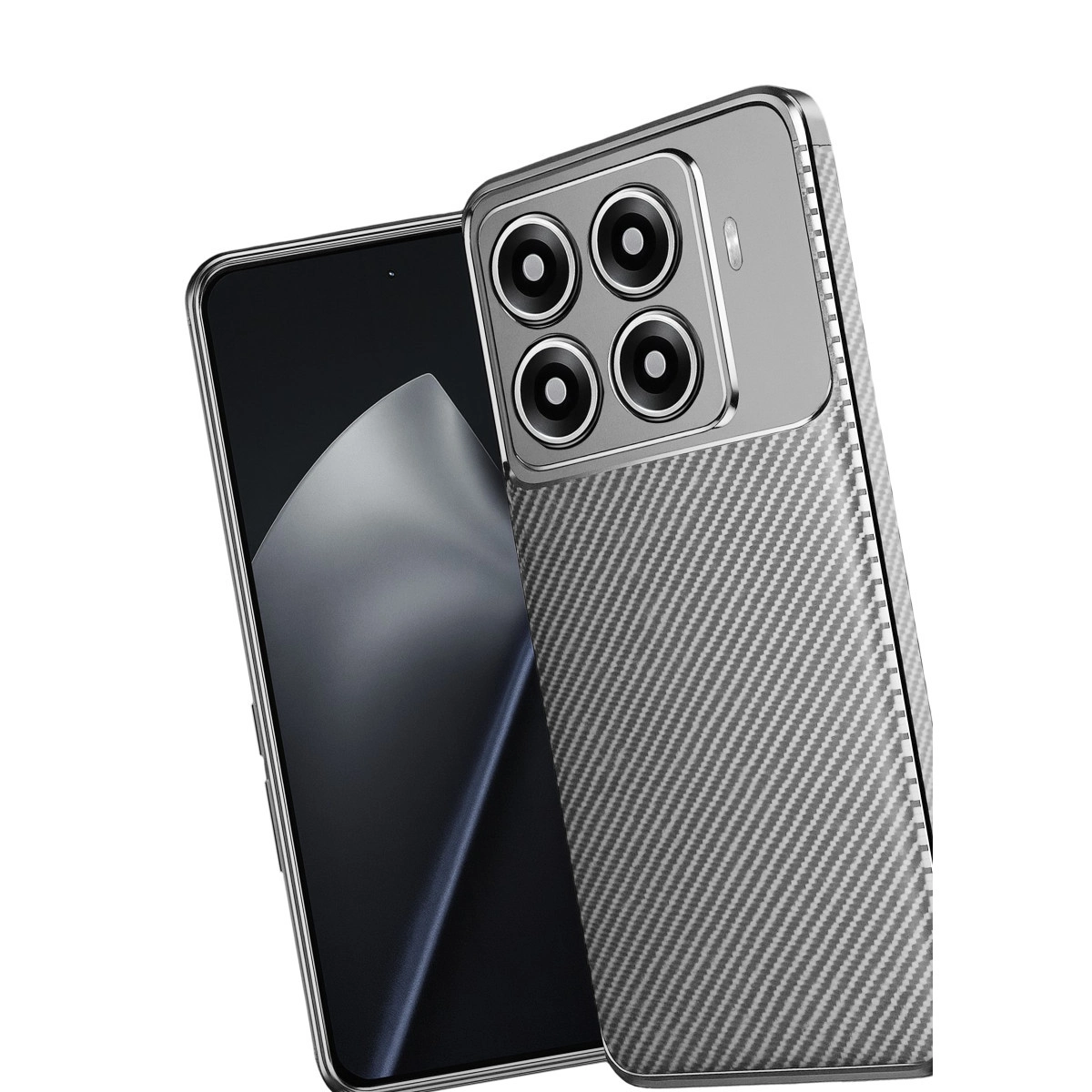 Dört kameralı ve karbon fiber arka panelli gümüş akıllı telefon.