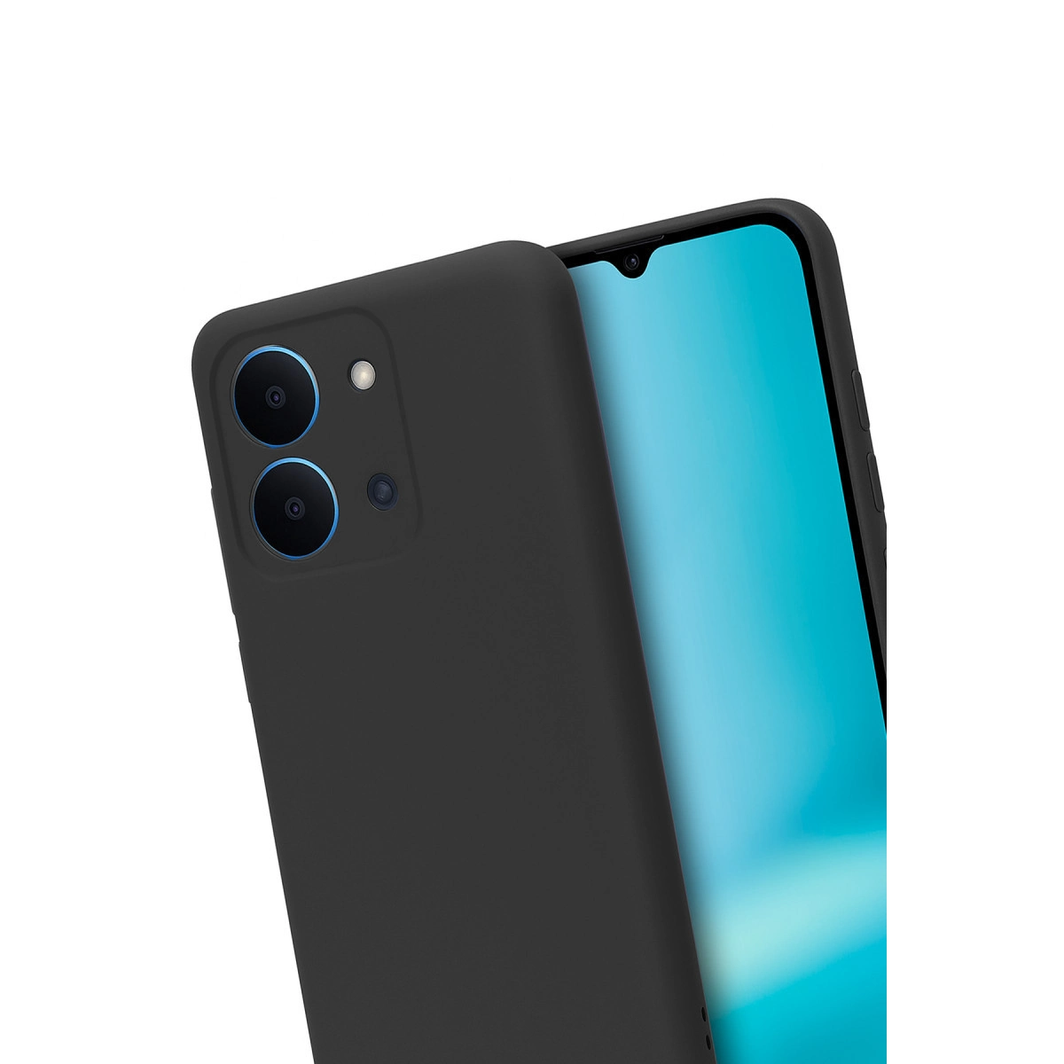 Odaklanmış, mavi halkalı çift kameralı siyah bir akıllı telefon.