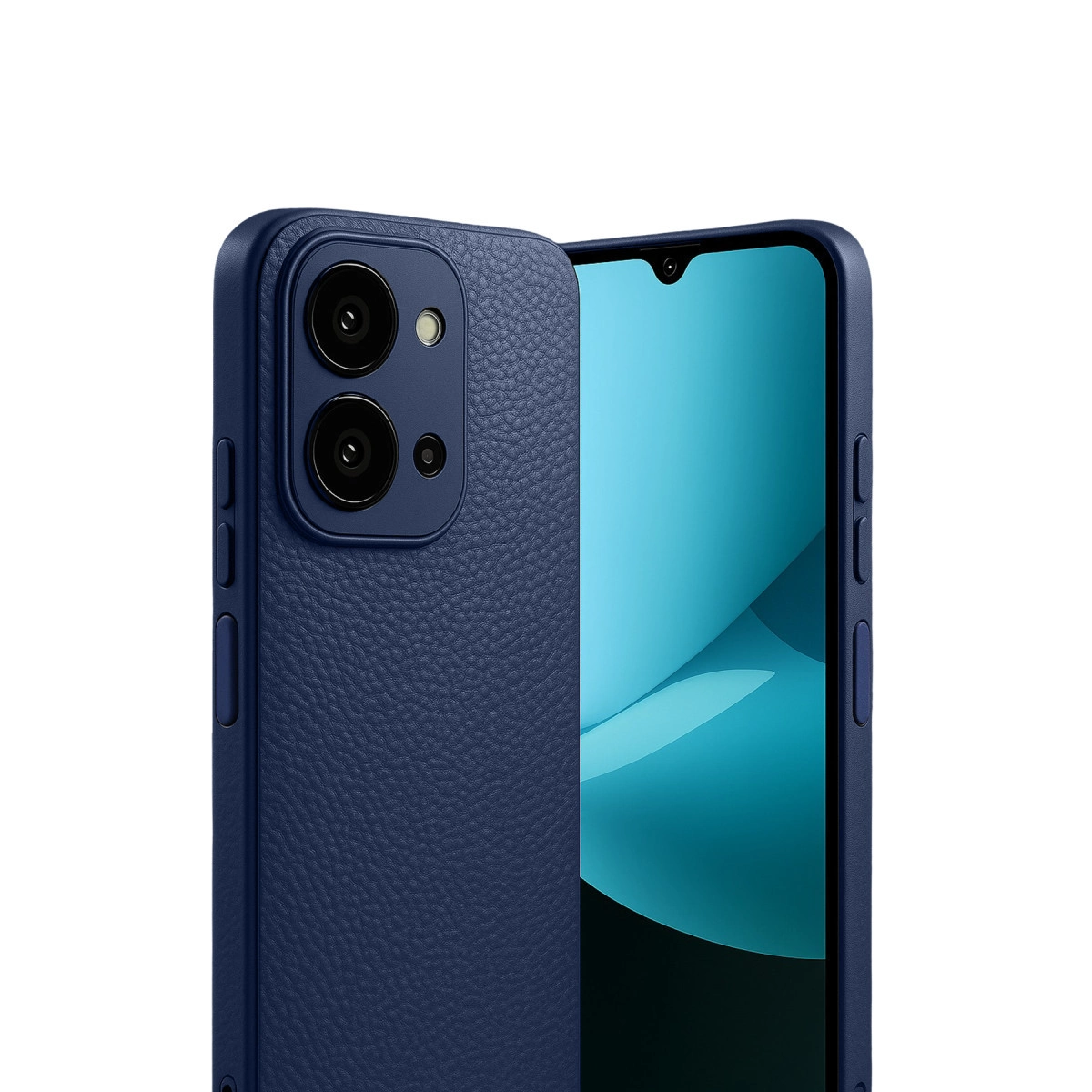 Doku kapaklı ve çift kameralı lacivert telefon.