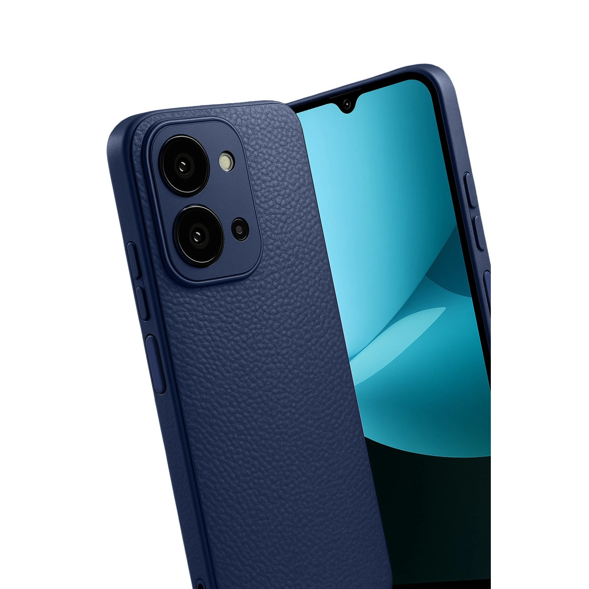 İki kameralı lacivert telefon kılıfı ve mavi ekran.