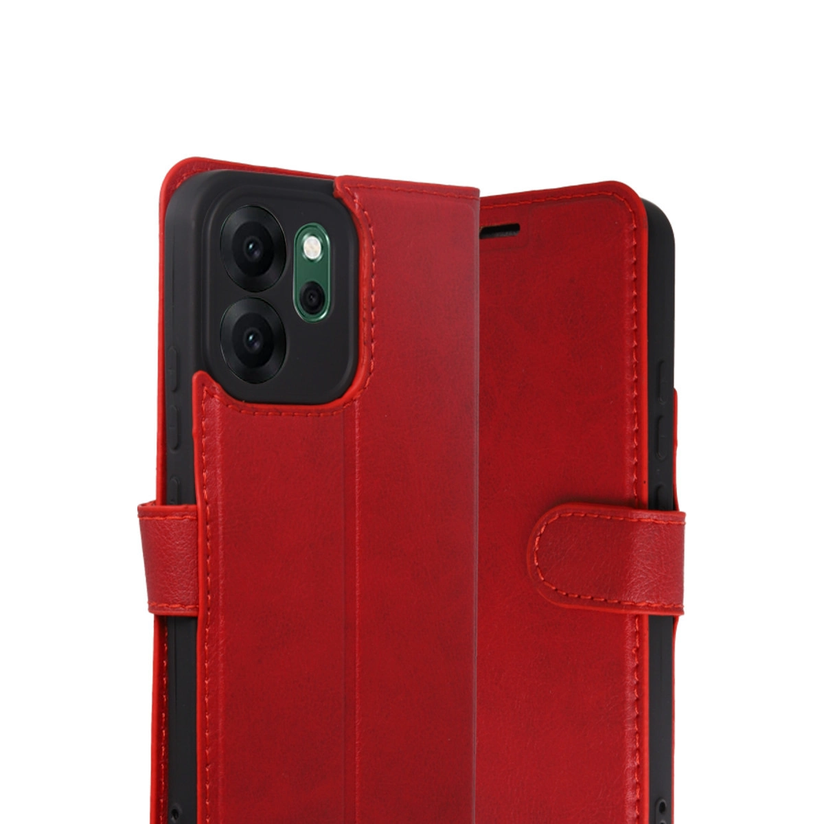Arkada kamera incelemeli kırmızı telefon kılıfı.