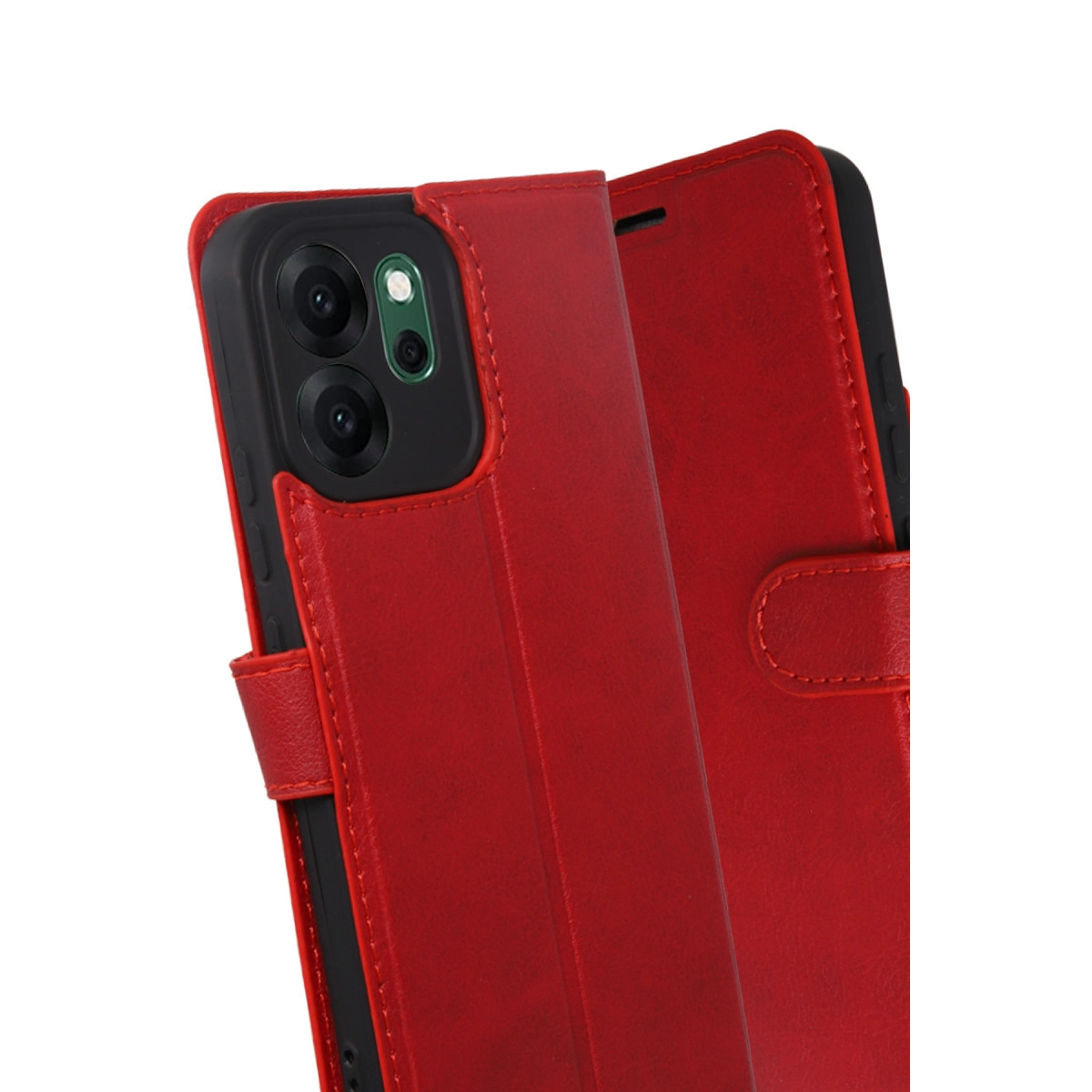 Kamera modülü ve kayışlı kapaklı kırmızı kitap tarzı telefon kılıfı.