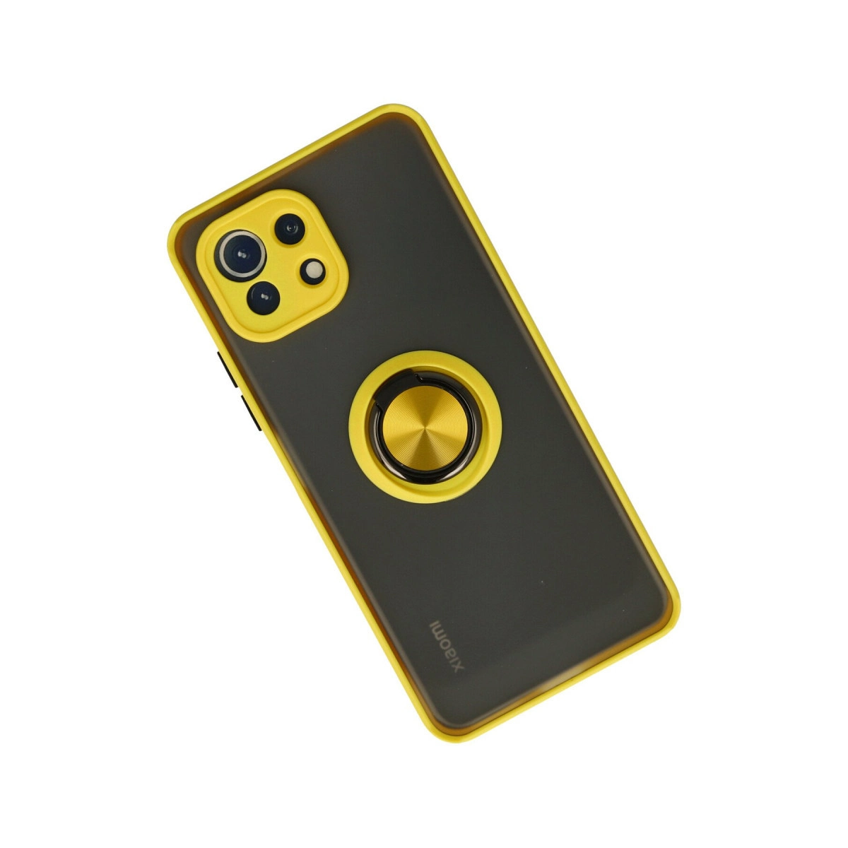 Sarı kenarlı ve halka tutuculu koyu gri telefon kılıfı.