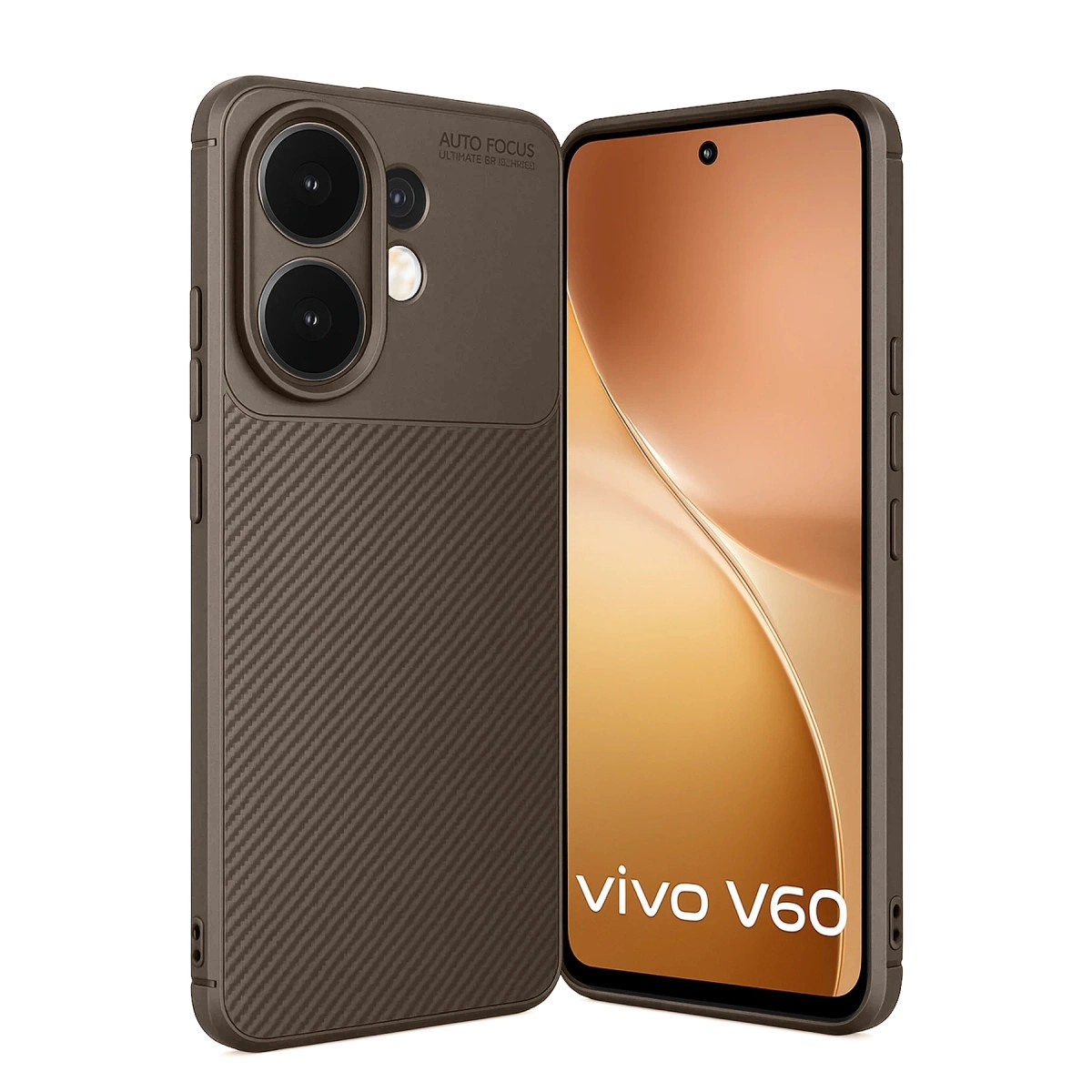 Karbon fiber dokulu kahverengi telefon kılıfı ve kahverengi ekranlı telefon yanında çift kamera.