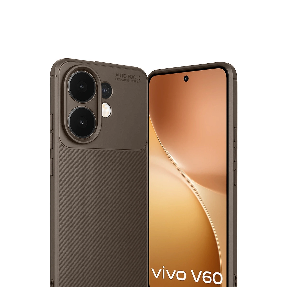 Arka kamera kurulumlu kahverengi akıllı telefon ve ekranda 'vivo V60' yazısı.