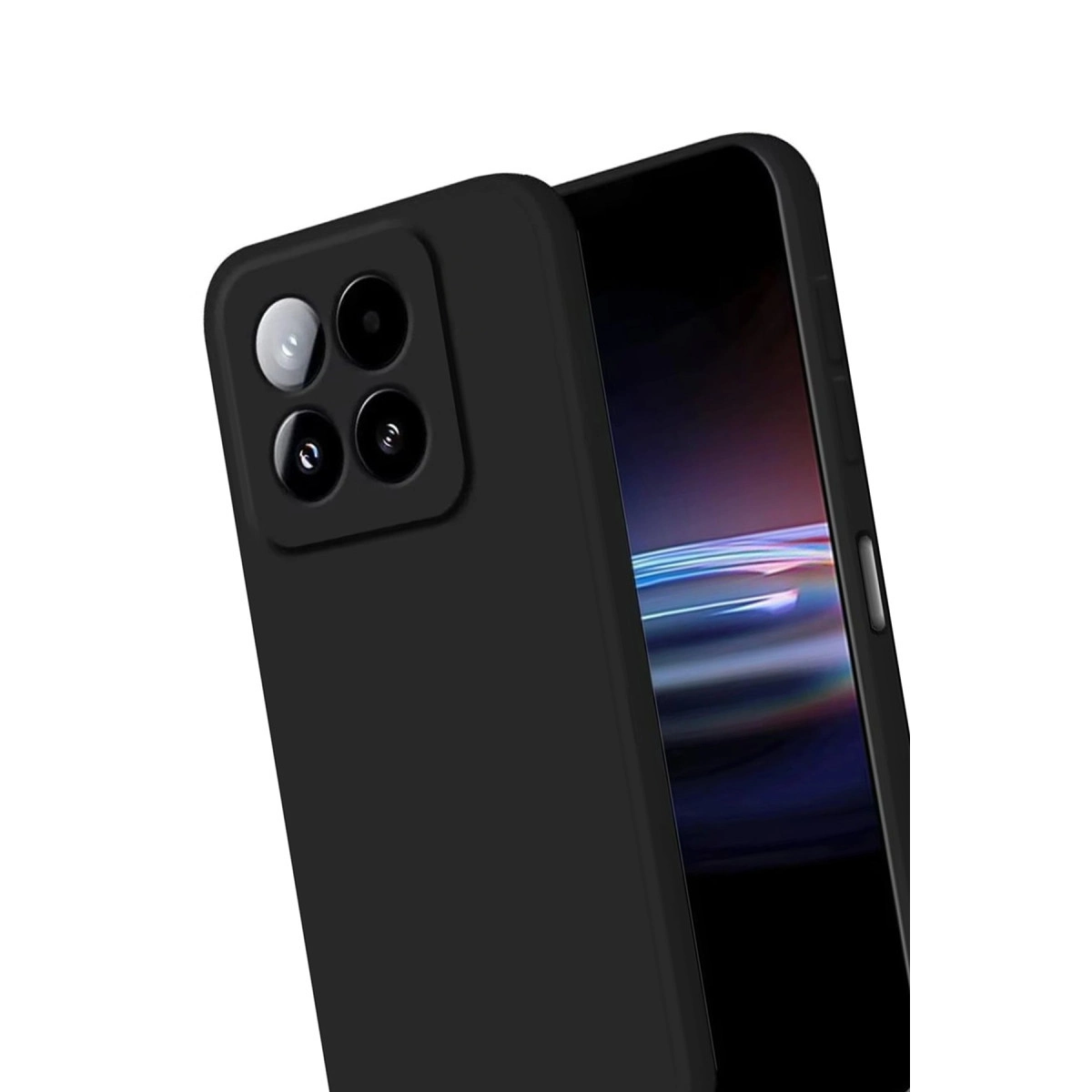 Dört kameralı siyah telefon ve ışıklı ekran.