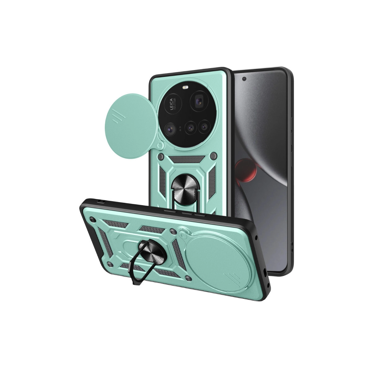 Halka ve kayan kamera kapaklı nane yeşili telefon kılıfı.