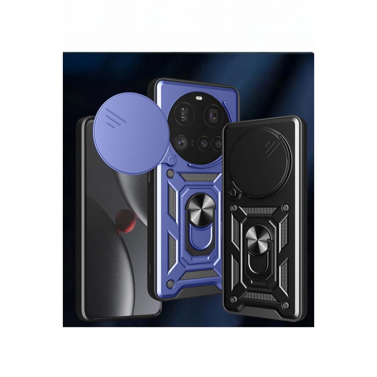 Üç telefon kılıfı: siyah, mavi ve mavi lens kapaklı bir telefon.