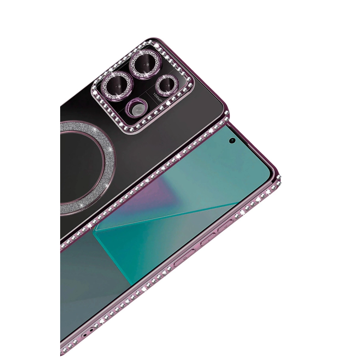 Taş süslemeli mor telefon ve 108MP kamera modülü.