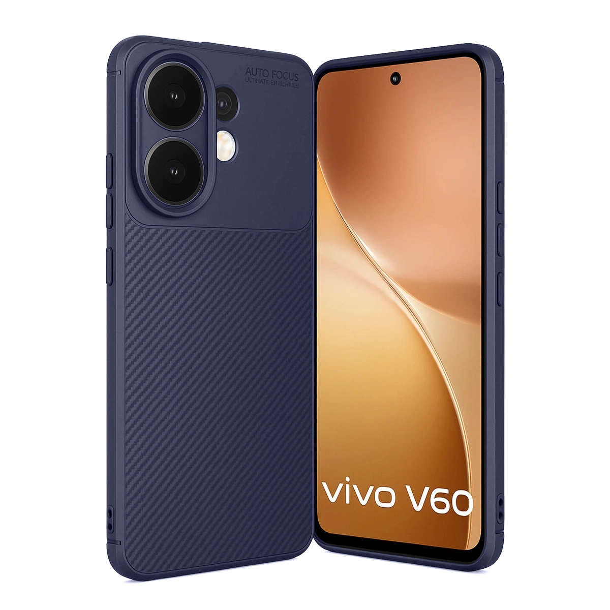Karbon desenli ve kamera kesimli lacivert telefon kılıfı. Bir akıllı telefonun solunda.