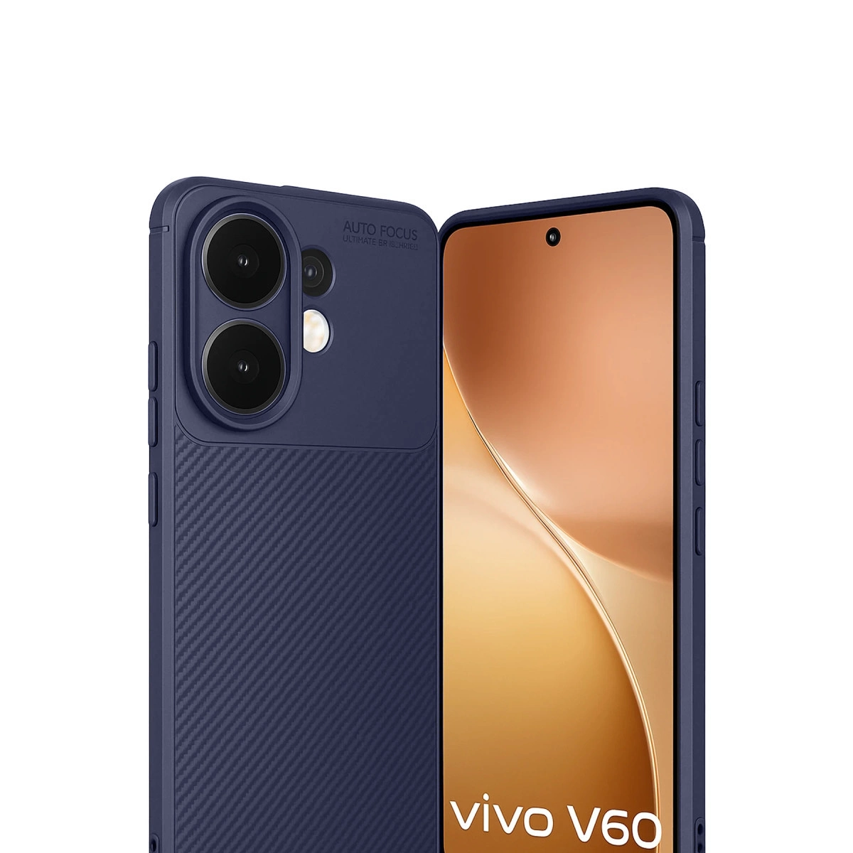 Çift kamera lensli lacivert telefon ve 'vivo V60' yazısı.