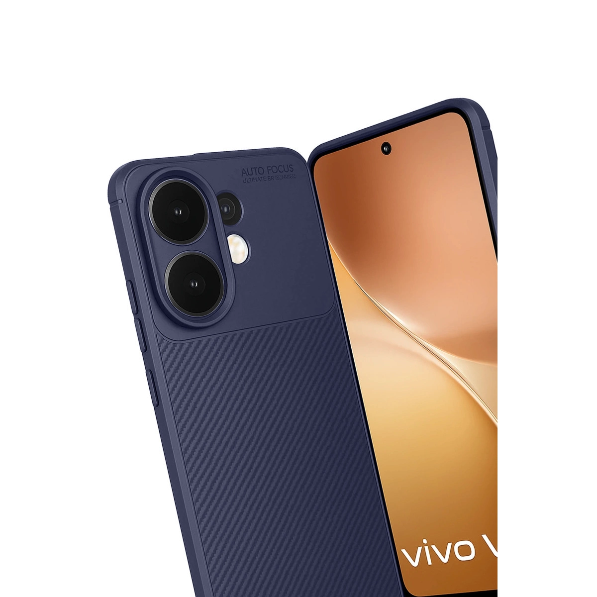 Karbon desenli, iki arka kamera lensli lacivert telefon kılıfı.