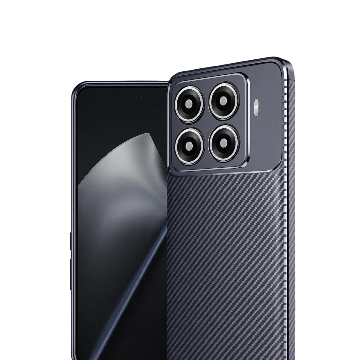 Karbon fiber dokulu, dört kameralı siyah akıllı telefon.