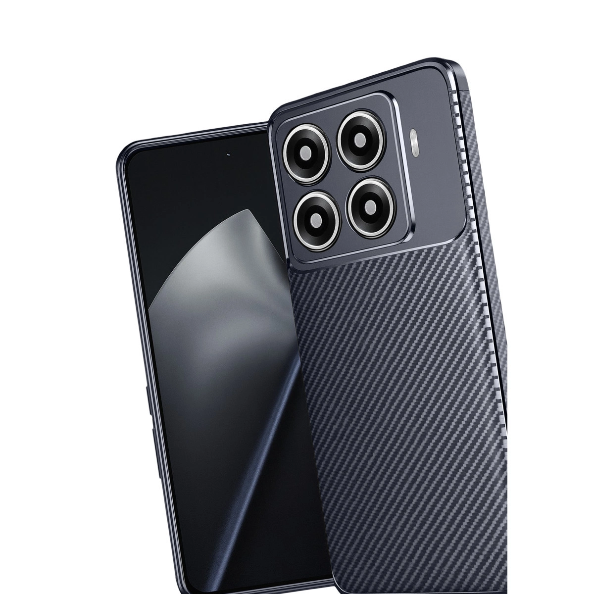 Dört kameralı, arkasında karbon fiber desenli koyu gri akıllı telefon.