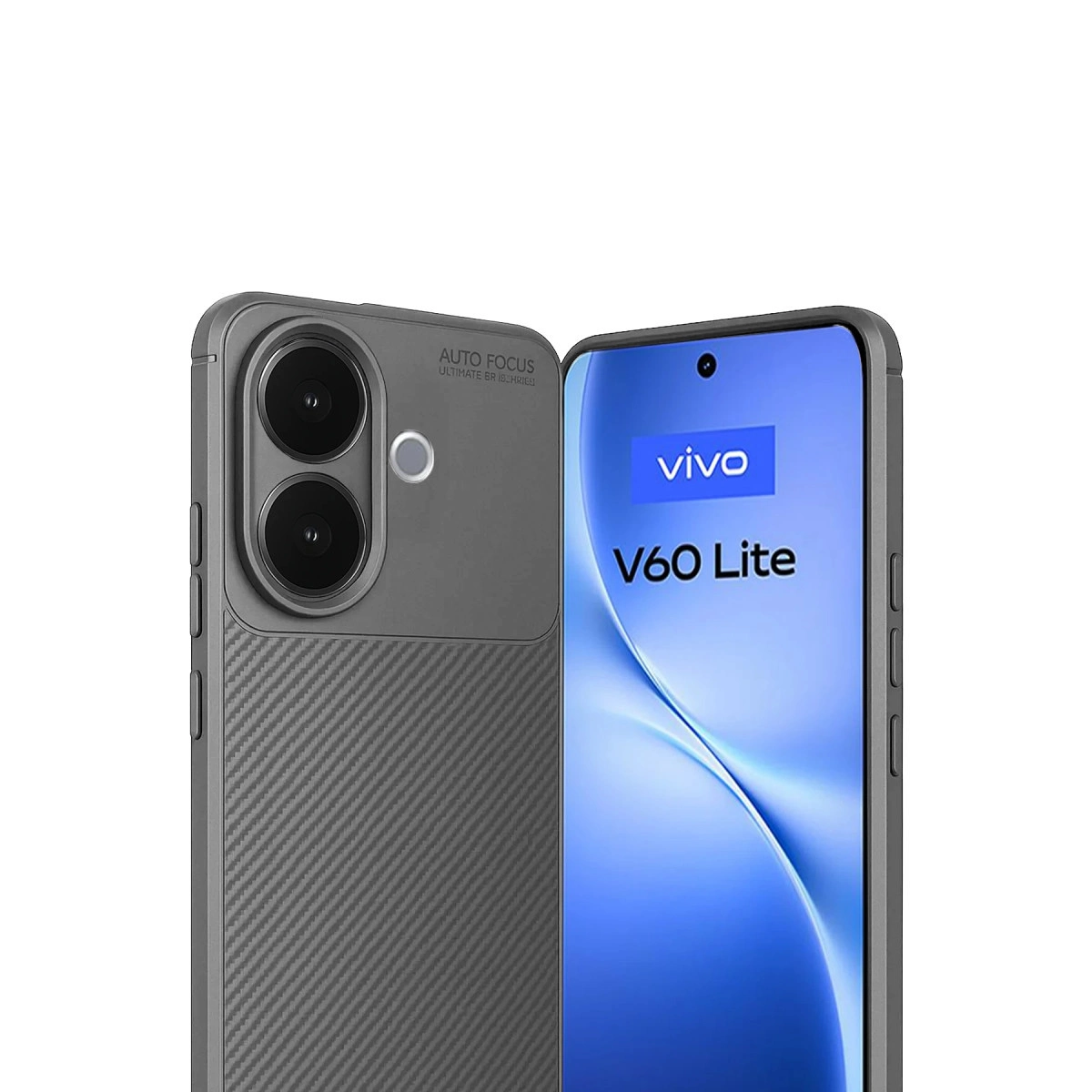 Ekranında "V60 Lite" yazısı ve iki kamerası olan gri akıllı telefon.