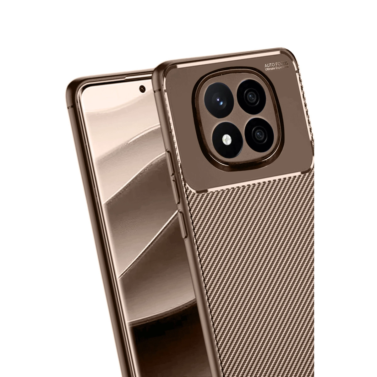 Dört kameralı, desenli kılıflı kahverengi telefon.