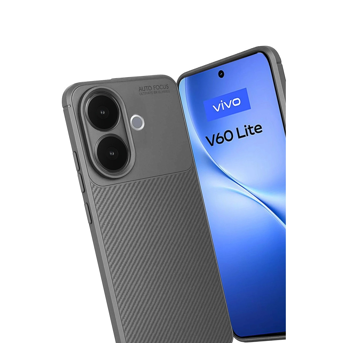 Mavi arka planlı Vivo V60 Lite akıllı telefonun yanında gri telefon kılıfı.