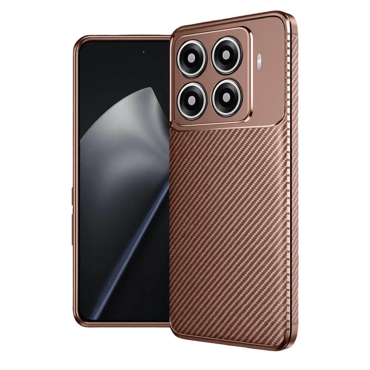 Dört kameralı ve dokulu arka kapaklı bronz renkli bir akıllı telefon.