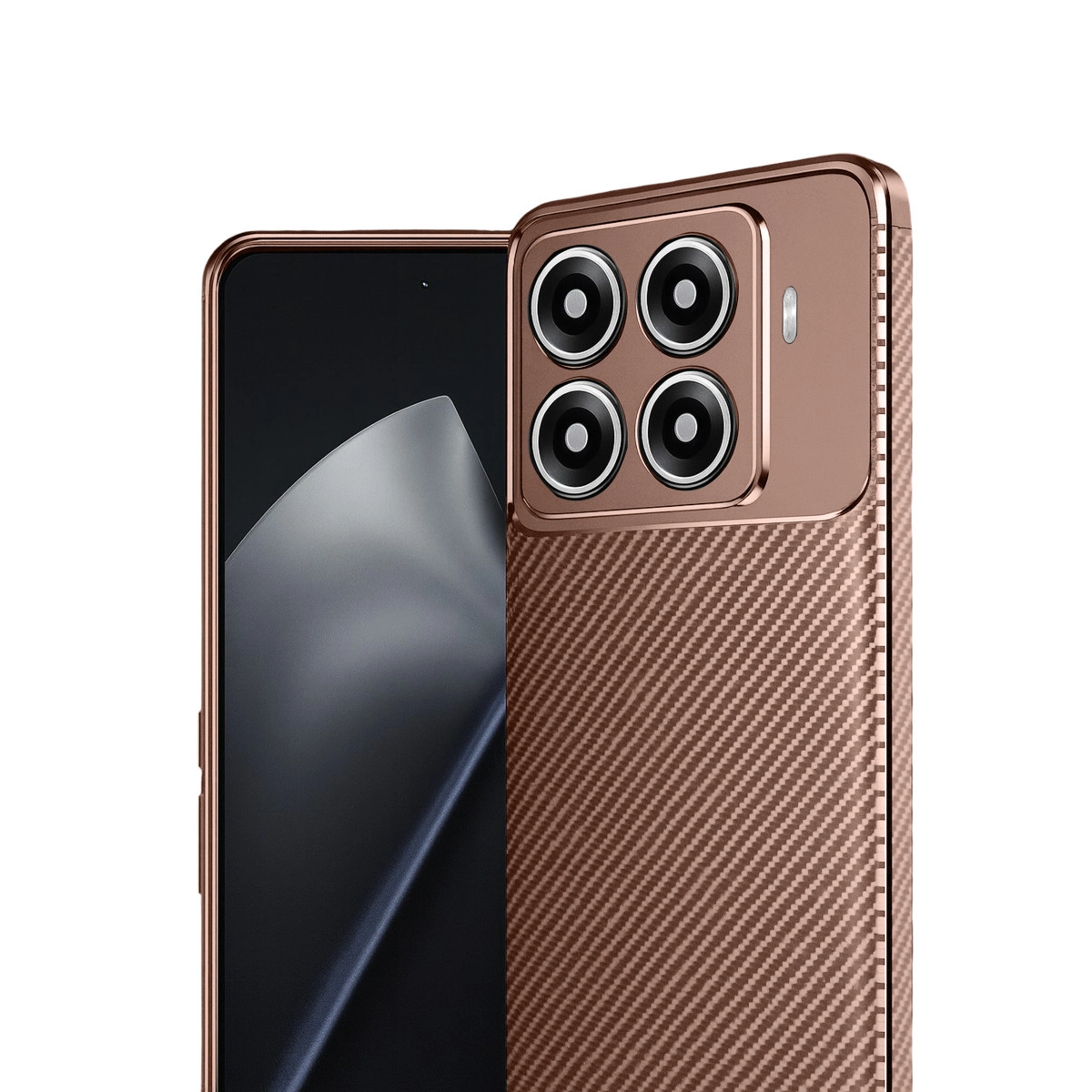 Dört kameralı, dokulu arka yüzeye sahip bronz renkli akıllı telefon.