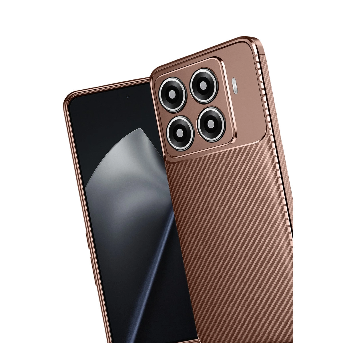 Karbon fiber desenli kılıflı, dört kameralı bronz renkli akıllı telefon.