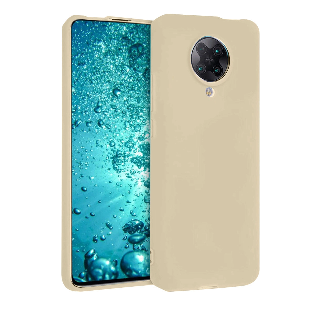 Ekranında su kabarcıkları ve kamera modülü olan açık bej telefon.