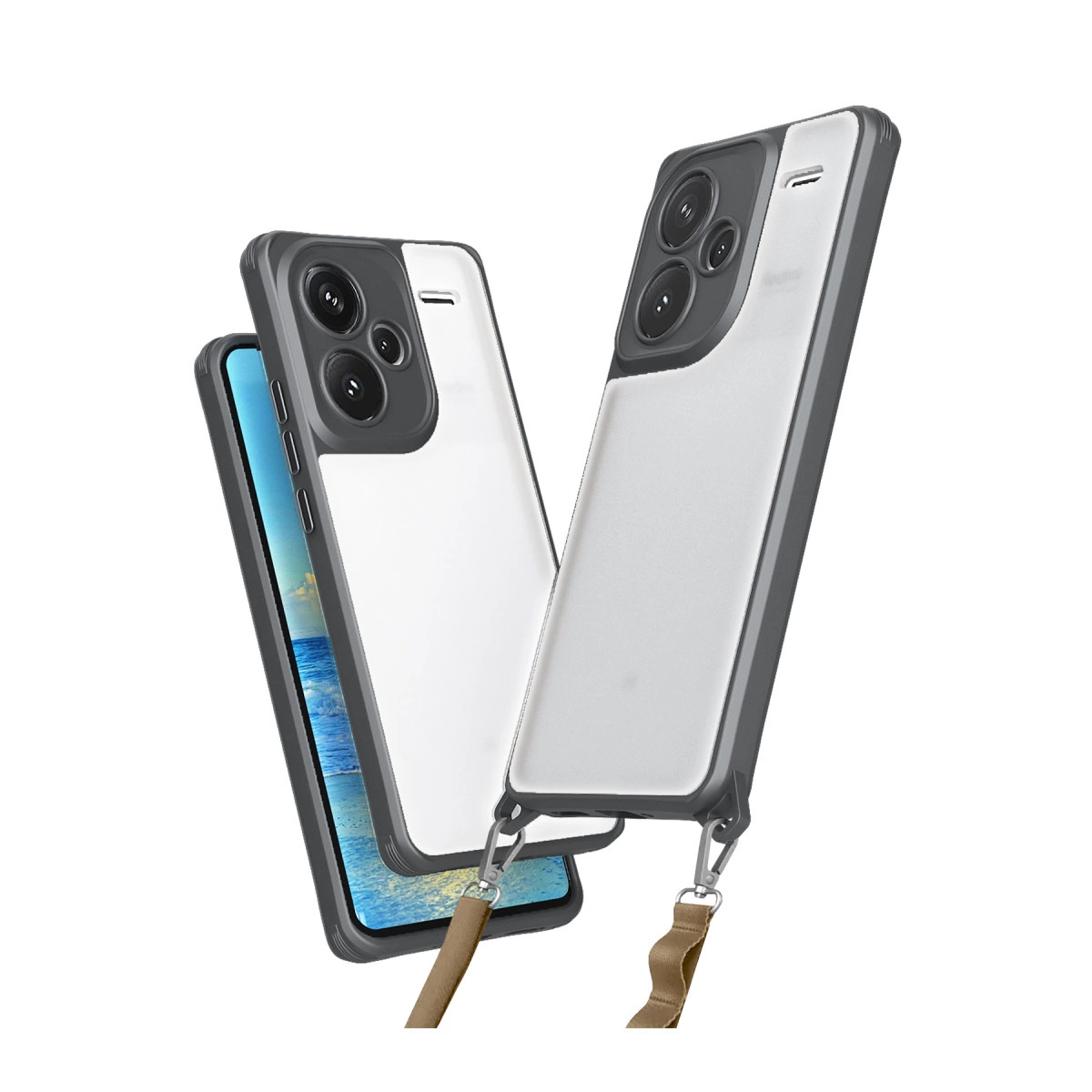Gri kenarlı ve kamera modüllü iki şeffaf telefon kılıfı.