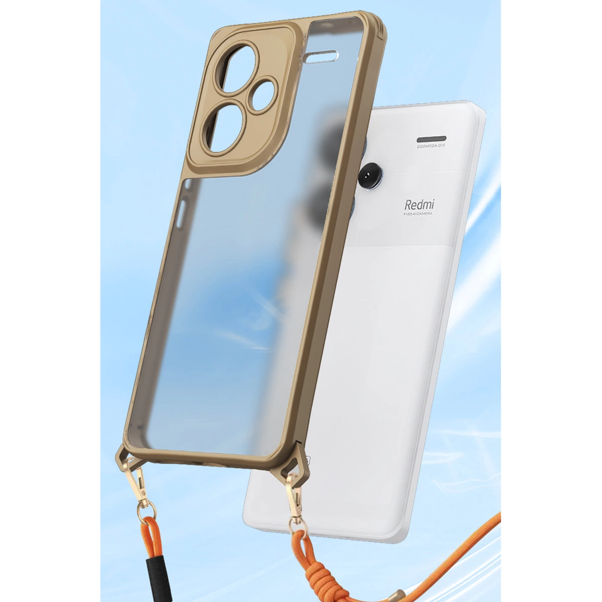 Kahverengi çerçeveli ve kordonlu şeffaf telefon kılıfı.