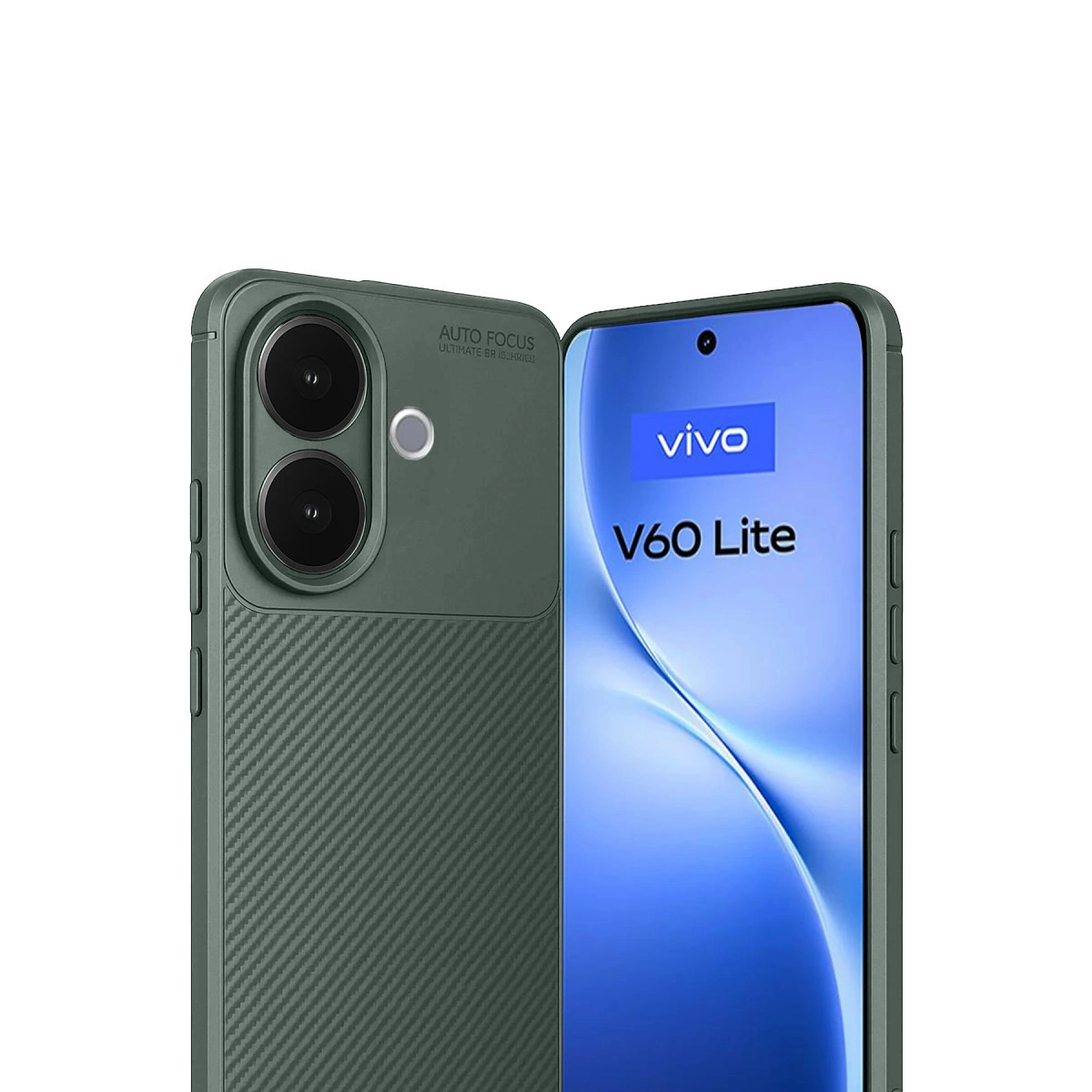Karbon benzeri dokuya sahip koyu yeşil telefon kılıfı, Vivo V60 Lite akıllı telefonun yanında.
