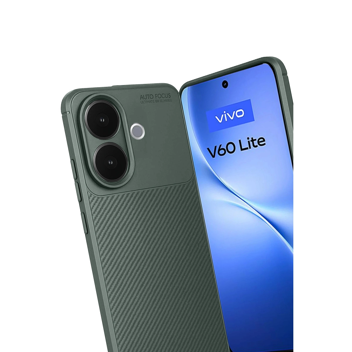 İki kameralı yeşil telefon kılıfı, Vivo V60 Lite akıllı telefonun yanında.