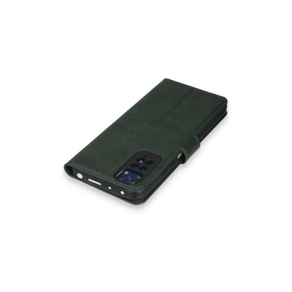 Kamera kesimli ve dikişli koyu yeşil telefon kılıfı, beyaz arka plan üzerinde.