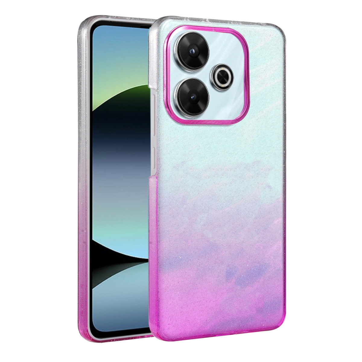 Kamera yuvalı, simli pembe ve mavi degrade kasalı bir akıllı telefon.