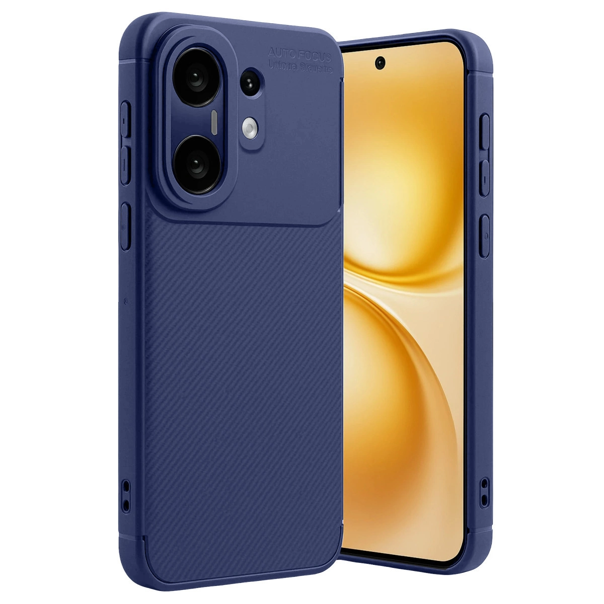 İki kameralı, dokulu lacivert telefon kılıfı.