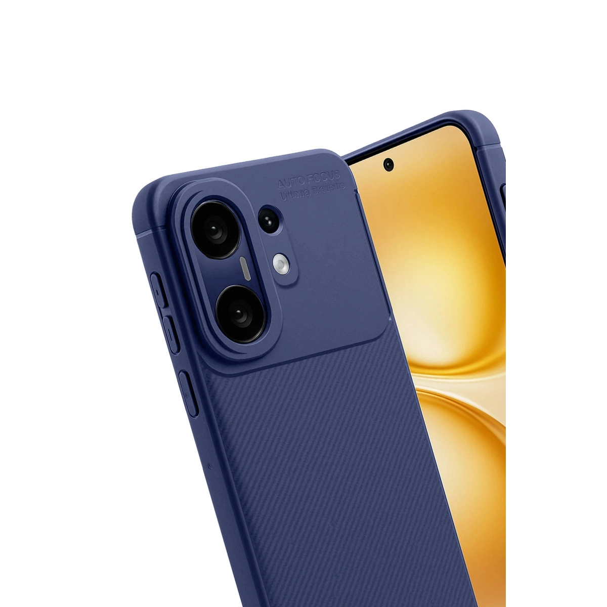 Kamera modüllü, fitilli, lacivert telefon kılıfı. Sarı arka plan.