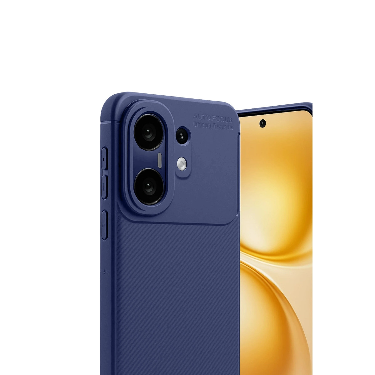 İki kameralı, ekranının bir kısmı görünen lacivert telefon kılıfı.